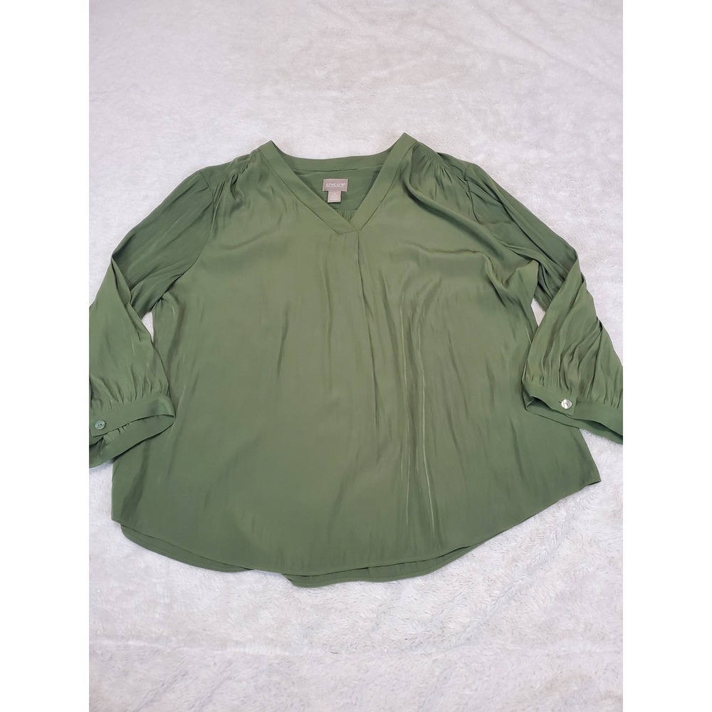 Chico's Olive Green Flowy 3/4 Sleeve Blouse Top 12 Large Classic Office Modest